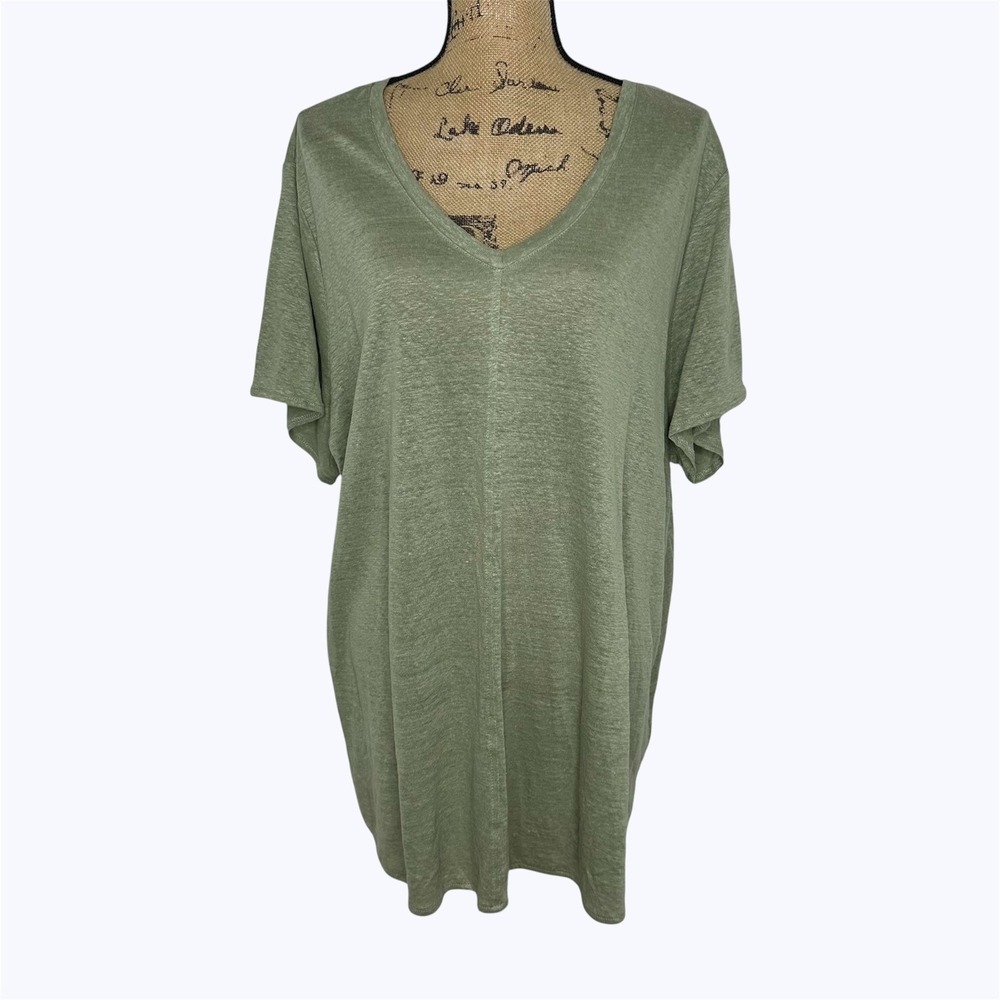 Tahari 100% Linen T-Shirt Green V-Neck Elevated Basic Sustainable New Sz 3X